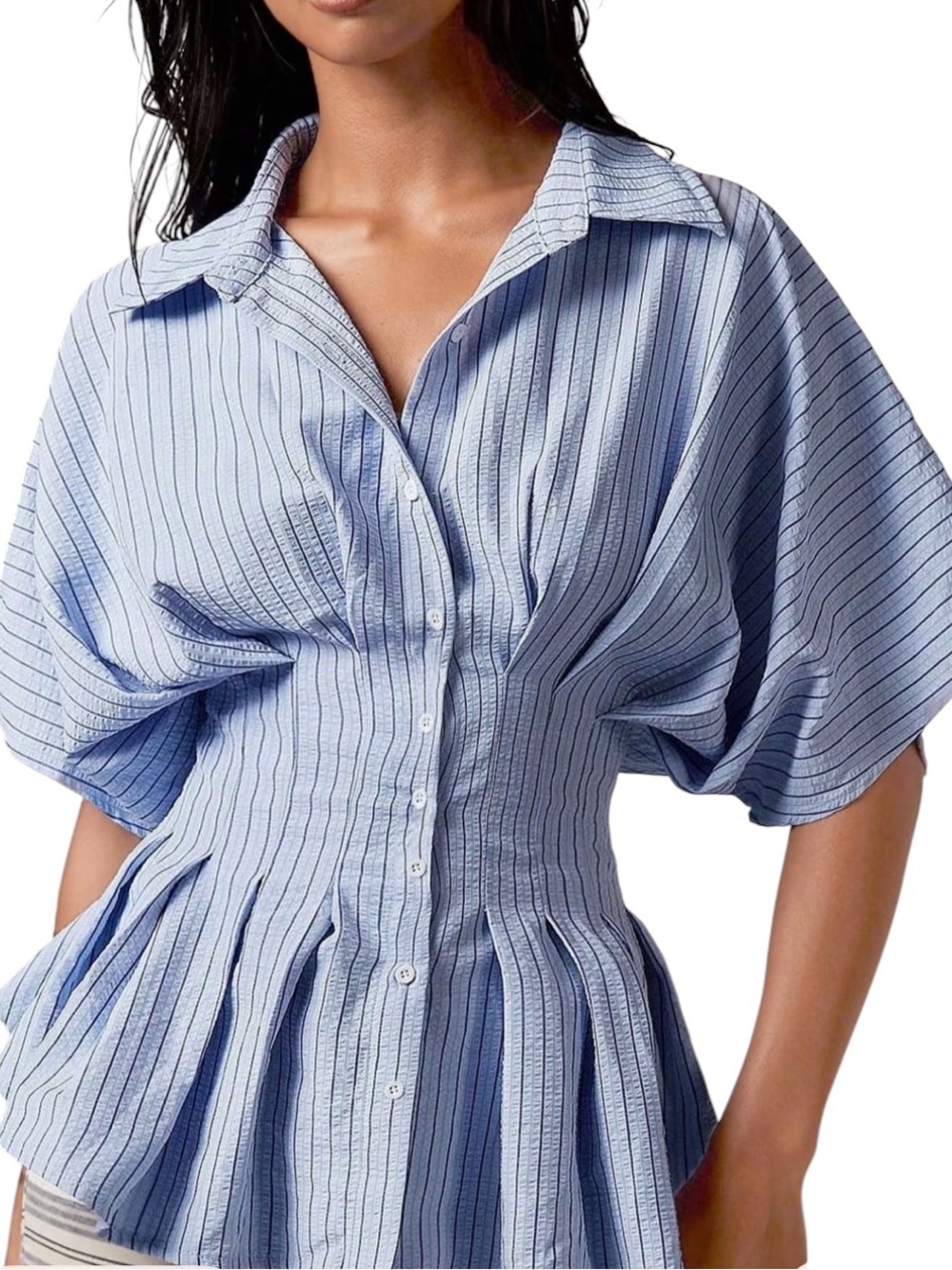 Light Blue Striped Button-Front Peplum Blouse